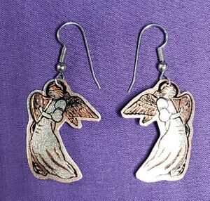 Copper And Silver Tone Angel Playing Harp Dangle Earrings, Lightweight Metal
